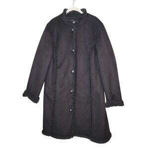 LL Bean Penny Lane Coat Womens Size XL Black Sherpa Lined Faux Suede Long Winter